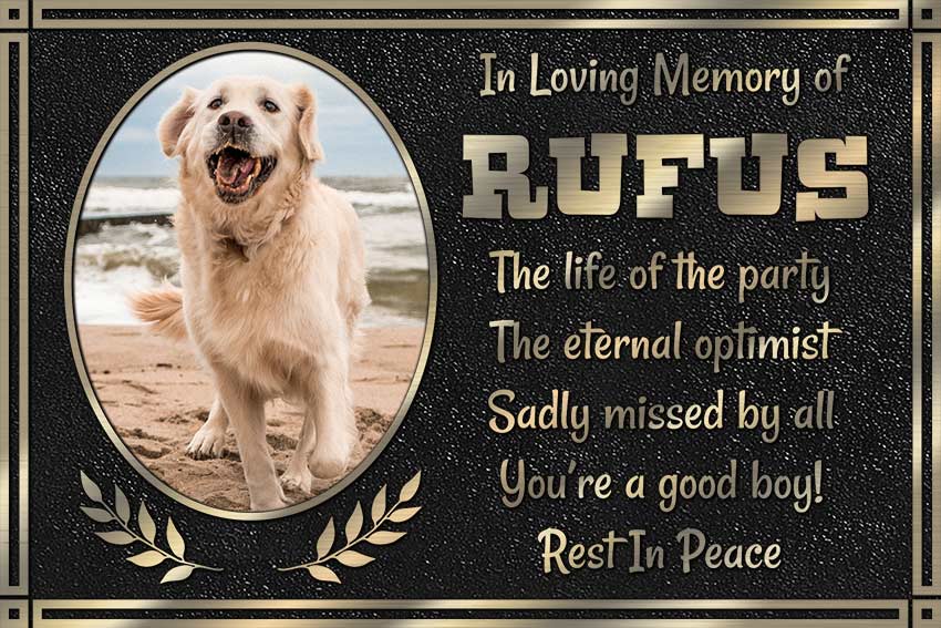 Bronze pet plaque with oval golden retriever photo attachment